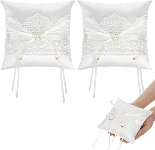 YEAMLTE Ringkissen Hochzeit 15x15 cm Weiß Spitze – Trauringkissen für Standesamt, Ehering Kissen mit Band, Hochzeitsdeko Accessoires für Trauung und freie Hochzeit (2 Stück)