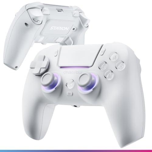 Oniverse Manette sans fil pour PS5/PC/Steam Deck - Starion - Joystick et gâchette Hall Effect, Palettes macro programmables, Gâchettes L4/R4, Pavé tactile, Anti-Drift, Bluetooth/USB-C - White