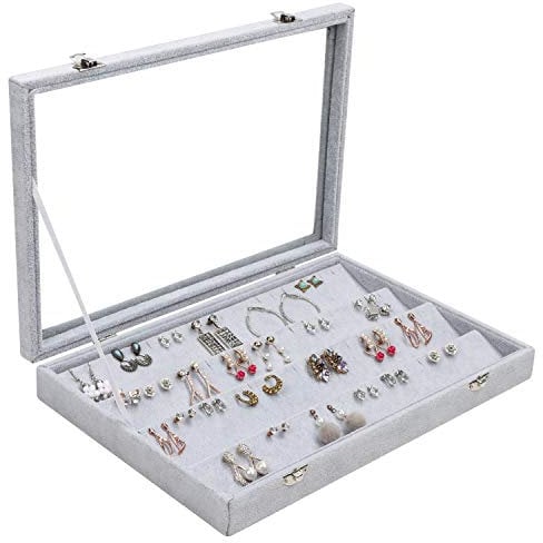 BELLE VOUS Jewelry Organizer Ohrringe Schmuckkasten Grau, Samt Box Deckel & 40 Schlitze – Schmuckaufbewahrung 4 Ebenen Schmuckschatulle mit Sichtfenster als Ohrring Halterung, Ohrstecker Aufbewahrung