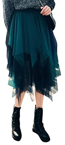 Damen Tüllrock Elastische Taille Unterrock Ballettrock Faltenrock Maxirock Sheer Tutu Tüll Rock (Zweifarbig Gemischt Knielänge, Knielänge Rock Einheitsgröße)