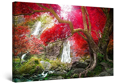 Startonight Bilder Roter Baum und Wasserfall - Leinwandbilder Moderne Kunst - Landschaft Wanddeko Kunstdrucke, Wandbilder XXL Wohnzimmer Groß Wand Bild 80 x 120 cm, Tag Nacht Effekt, Elegante