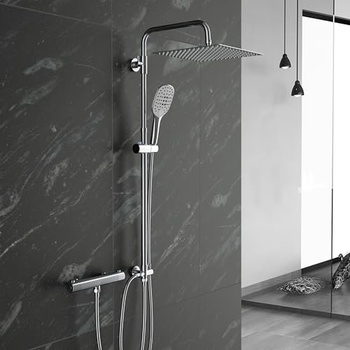 Görbach Regendusche Duschsystem mit Duschablage, Edelstahl Duschset ohne Armatur, Überkopfbrauseset mit Duschstange Duschsäule(Kopfbrause 35x25cm, Chrom)