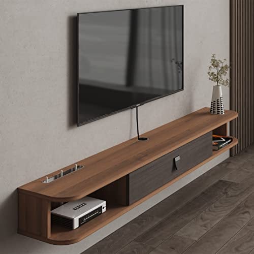 Pmnianhua Floating TV Unit, Wall Mounted TV Cabinet, Floating Shelves with Door, Modern Entertainment Media Console Center Large Storage TV Bench for Living Room & Office (140cm, Dark Brown)