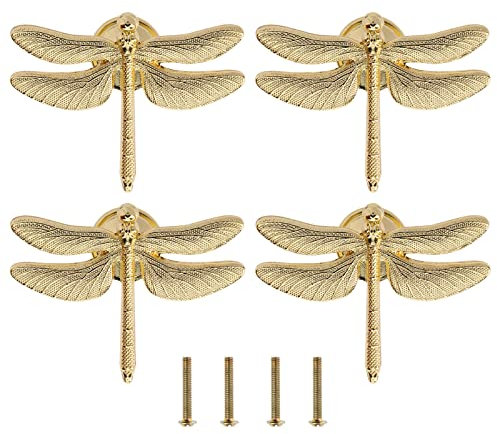 Be In Your Mind 4 STÜCKE Libelle Knöpfe Griffe Einzigartige Libelle Form Dekorative Griffe mit Befestigungsschrauben Möbelbeschläge Zubehör für Schrank Kleiderschrank Schubladen Kommode Gold