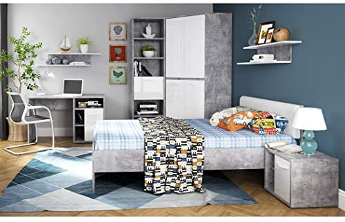 expendio Jugendzimmer Coburg 21 Betonoptik weiß 7-teilig Kinderzimmer Jugendbett Nako Eck-Kleiderschrank 3X Regal Schreibtisch
