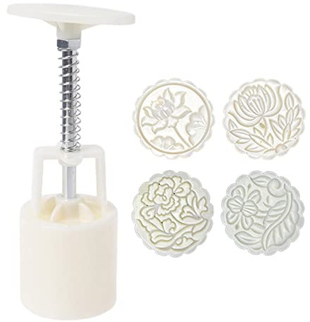 SueaLe Mooncake Mould, 100g Mooncake Mold with 4 Different Pattern Lotus Shape Pastry Stamps Mid-Autumn Festival Mooncake Stamps for DIY Baking