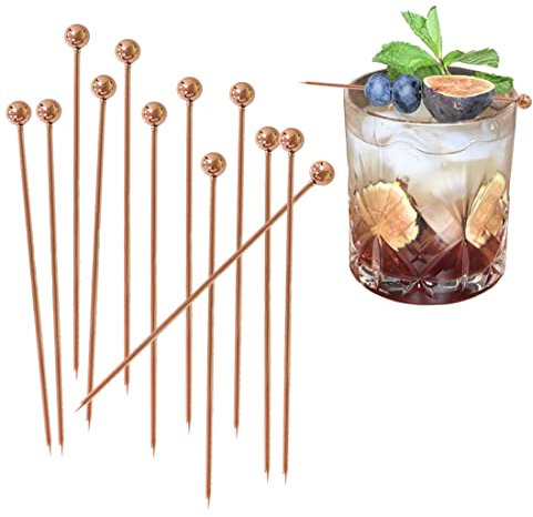 LINMOIJN 12Pcs Stainless Steel Fruit Sticks Cocktail Sticks Set, Reusable Drink Picks Appetizer Toothpicks Martini Glass Picks for Holiday Party Events(Rose Gold