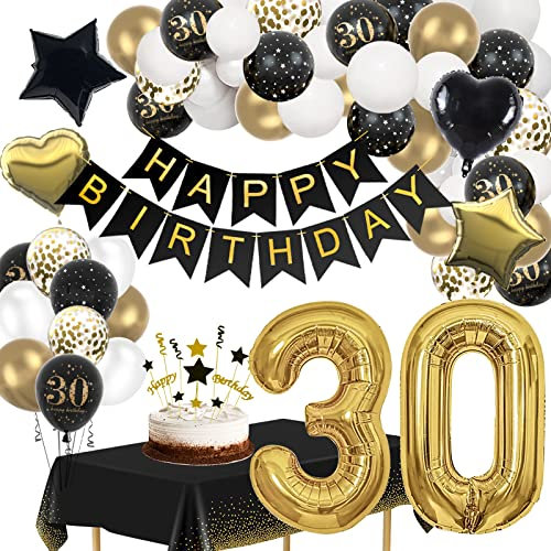 30 Geburtstag Deko, Deko 30 Geburtstag Männer Frau, Schwarz Gold Luftballons Deko 30. Geburtstag mit Happy Birthday Banner Tischdecken, Geburtstagsdeko 30 für Birthday Party Deko