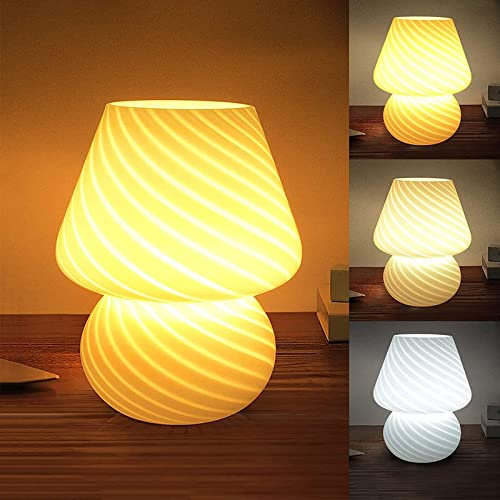 LED Pilz Tischlampe Dimmbar Glas Mushroom Lamp Retro Vintage Gestreift Tischleuchte Nachttischlampe mit Kabel 3 Modi und 10 Helligkeitsstufen Pilz Lampe Schreibtischlampe für Wohnzimmer Schlafzimmer