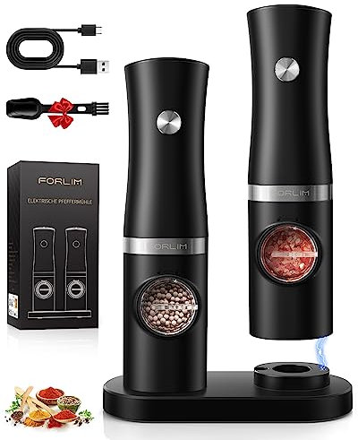 FORLIM Elektrisch Salz und Pfeffermühle Set, Elektrische Pfeffermühle mit Adjustable Coarseness aus Edelstahl, Salzmühle mit LED-Licht, Keramik-Schleifkern,mit wiederaufladbarer Basis (Schwarz)