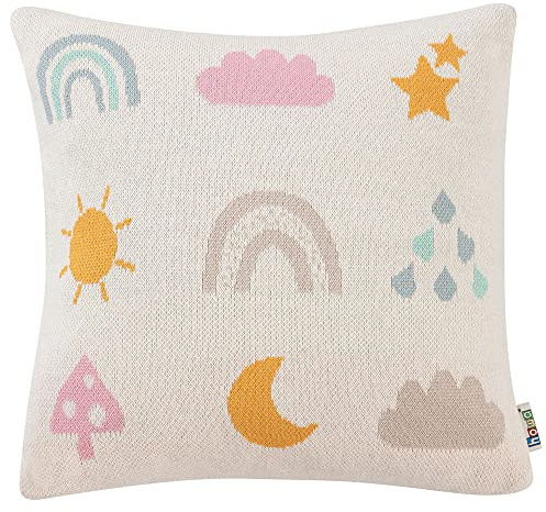 howa Dekokissen „be Happy Strickkissen mit Füllung Baumwolle 8904 | Kinderzimmer Deko, Deko Kissen aus 100% Baumwolle Strick, beige mit Motiven, 35cm x 35cm
