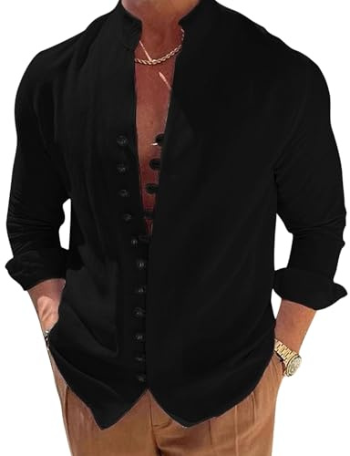 Puimentiua Chemise en Lin pour Hommes Chemise d'été Légère à Manches Longues Chemise Henley de Plage avec Col Montant