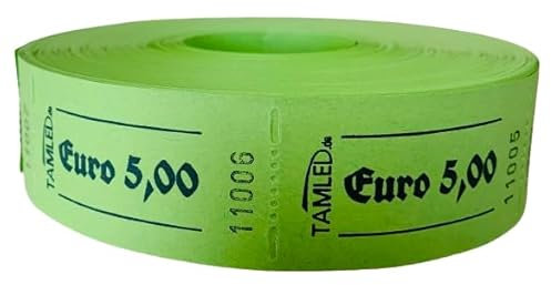 Bonrolle 5,00 € grün 1000 perforierte Abrisse fortlaufend nummeriert Gastromarke Festival Speisemarke Getränkemarke Verpflegungsmarke Event Firmenveranstaltung Volksfest Verein Wertmarke