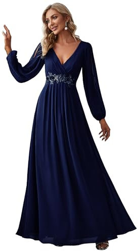Ever-Pretty Women's Elegant A-Line Deep V-Neck Appliques Pleated Long Sleeve Bridesmaid Dress Navy Blue 16UK