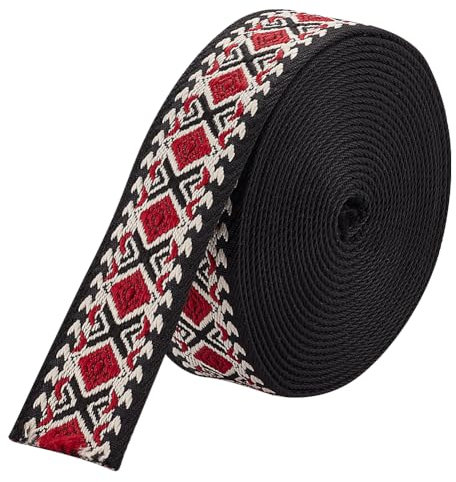 BENECREAT 5 Yard Ethnische Stickerei Polyesterbänder, 38 mm Breites Rauten-Jacquardband Vintage-Handwerk Nähen Spitzenbesatz Für Kleidung, Tasche, Stirnbänder, Kissenbezüge, Black & Red