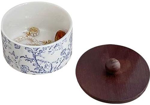 EHERDM Ceramic Jewelry Box with Wood Lid Blue White Jewelry Case Ring Holder Trinket Vintage Floral Porcelain Round Jewelry Box Trinket for Rings Earrings Necklace Bracelet Keys (Small)