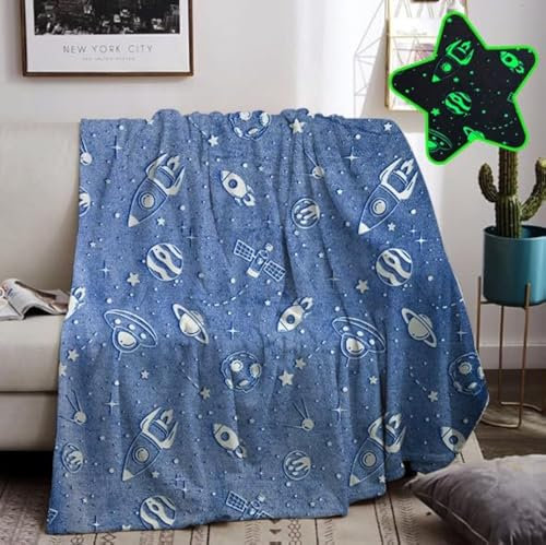 HZVRTN Kuscheldecke Kinder Einhorn/Dinosaurier/Weltraum Decke, kuscheldecke leuchtet im Dunkeln, warme Decke Flauschige Geschenke für Jungs mädchen Sofa Kinderdecke (Galaxy C, 150x200cm)