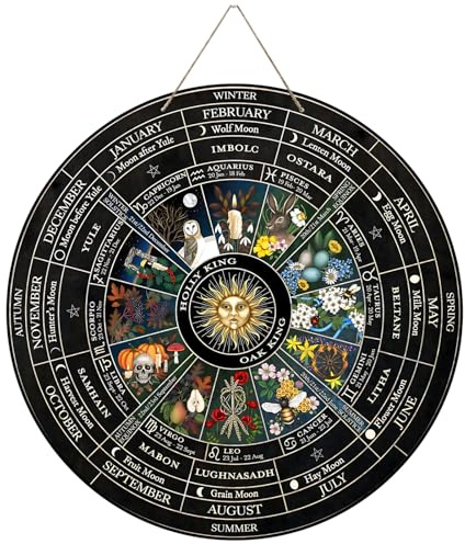 WBQMUNY Holzschild Wheel of the Year, 25,4 cm, Sabbats Heidnisches Schild Hexen, Runen, Holz, graviertes Brett, Wicca-Kalender, Weihnachtsaltar, himmlisches Schild, Vintage, handgefertigt,