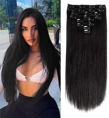 Unipearl Glatt Clip in Extensions Echthaar,45cm 18 Zoll 8PCS 120g Natürliches Schwarz Haarverlängerung für Frauen Straight Remy Hair Extensions Clip in