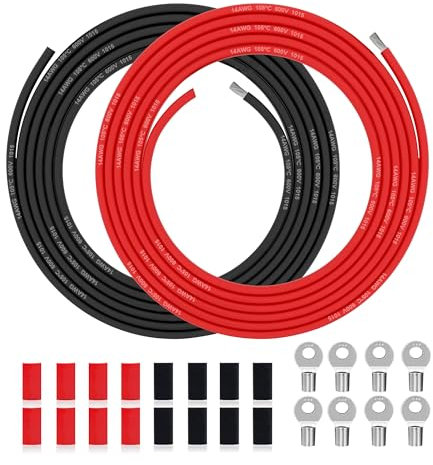 Câble électrique en PVC de 2 mm² - 14 AWG Fil électrique de 20 m (10m noir et 10 m rouge) en cuivre étamé haute température pour panneaux solaires, appareils électroménagers, véhicules, etc.