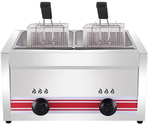 FANYING Friteuse Commerciale Friteuse À Gaz Double Panier Comptoir Robuste en Acier Inoxydable Frites pour Restaurants,Doublecylinder10l+10l