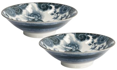 TOKYO Japonism Löwen-Schalen 2er Set, große Suppen- & Ramen-Schalen, dunkelgrau-weißes Porzellan, Ø 25,2 cm, 1600 ml, japanisches Design, Servierschalen für Nudeln & Salate