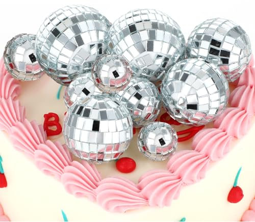 27 Pcs Disco Ball Cake Topper, Mini Disco Balls Birthday Cake Topper for Last Disco Bachelorette Party, Space Cowboy Birthday Party Supplies, 70s Bday Cake Decoration 4 Sizes (Silver)