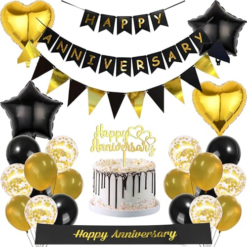 Happy Anniversary Banner Hochzeit Dekorationen – 26 Stück Schwarz Gold Jubiläumsbedarf einschließlich Hochzeitstorte Topper Konfetti Latex Ballons Liebe Ballon für Hochzeitstag Dekoration