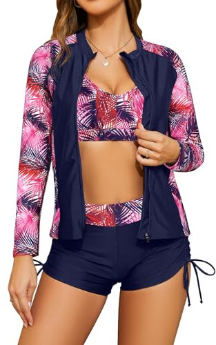 SHEKINI Frauen 3-teilige Rash Guard Langarm Badeanzüge mit Kordelzug Kurz (Tiefblau-rosa Blätter, Large)