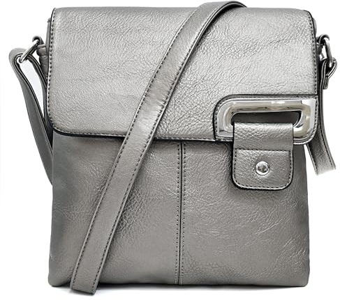 AOSSTA Women's Cross Body Shoulder Messenger Bag Multiple Slip and Zip Pockets Handbag with Storage Pocket Adjustable Strap (Silver Grey)