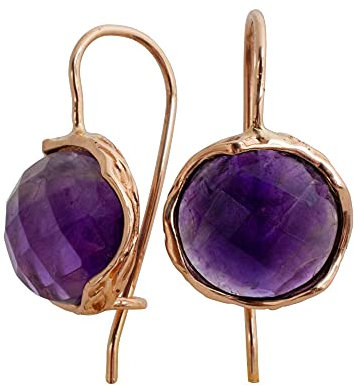 14K Rose Gold Natural Amethyst Earrings for Women - Solid Gold Earrings - Big Stone Earrings - Rose Cut Round Amethyst Earrings - Refined Dangle Earrings - Elegant Birthstone Jewelry
