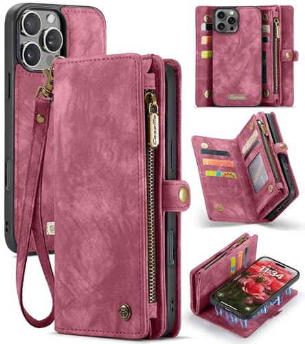 JOMA-E Shop for iPhone 16 Pro Max Wallet Case, Premium PU Leather Purse Magnetic Detachable Phone Cover with Zipper Pocket 9 Card Slots Hand Strap Horizontal Viewing Stand (Vintage Red)