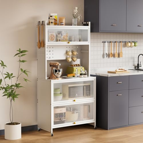 Warmiehomy Kitchen Storage Cabinets, Pantry Cupboard with 5 Tiers Bakers Rack, Shelves with Transparent Flip Door & 4 Rolling Wheels, 60x40x162cm, White
