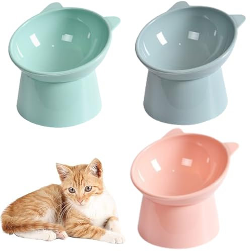 UQMIQURA 3 Piezas Comederos para Gatos, Comedero Elevado, Comedero para Gato Elevado 15° de Inclinación, Antivómitos, Plásticos Cuenco Gato Comederos para Gatos Elevado (Rosa, Gris y Verde)