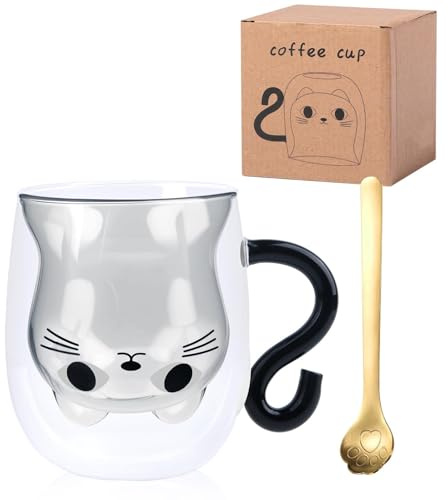 Kaffeetasse Schwarz Doppelwandige GläSerset Katzentasse Mit Goldenen LöFfeln, 300ml SüßE Tasse Katzen Kaffeetasse TeegläSer Milchtasse Geburtstag Weihnachten Valentinstag Geschenke FüR Frauen Kinder