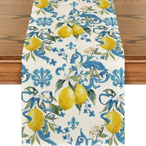 1PC Summer Lemon Table Runner, 33x183cm Rustic Farmhouse Kitchen Dining Table Decor, Polyester Linen Tablecloth for Home, Party, Wedding, Holiday (Lemon Print)