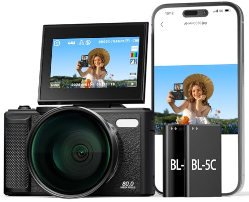 Appareil Photo Numérique 5K 80MP avec WiFi & Autofocus, Caméra Vlogging Youtube, Écran 3 180° Rabattable, Zoom 18X, Compact Voyage Débutants & Adolescents, INCL. Carte 64GB & 2 Batteries
