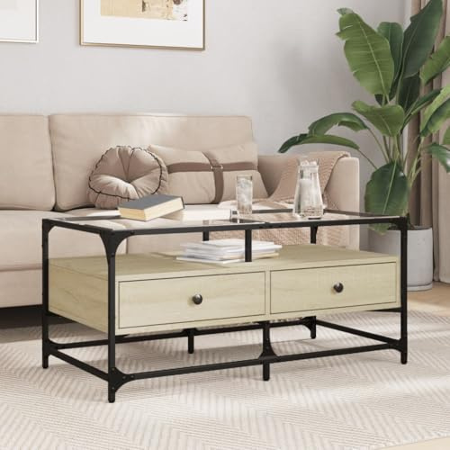 QUAHEAS Table basse avec plateau en verre chêne Sonoma 98,5 x 50 x 45 cm, robuste, table basse stable pour salon