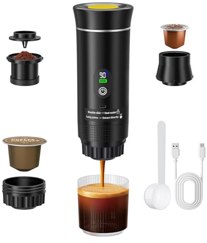 GJCrafts Máquina de Café Portátil, 3 en 1 Cafetera Espresso de Batería, Compatible con Cápsulas y Café Molido, Regalos para Autocaravana y Camping (Negro)