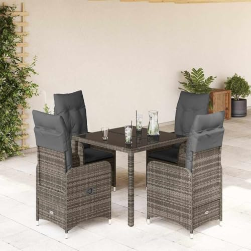 Owoxanthellate 5-TLG. Garten-Bistro-Set Poly Rattan 90 x 90 cm Tisch mit Glasplatte 54,5 x 58,5 x 92 cm Relaxsessel verstellbar grau platzsparend für Balkon Terrasse Wintergarten