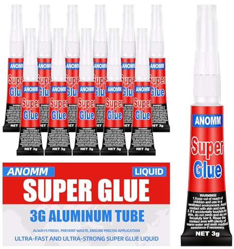 ANOMM 12 Pack Super Glue, Universal Liquid Superglue, 3 Gram Tubes | Prevent Nozzle Clogging, Transparent and Seamless, Adhesive Super Glue For Plastic Rubber Leather Metal Ceramics Glass