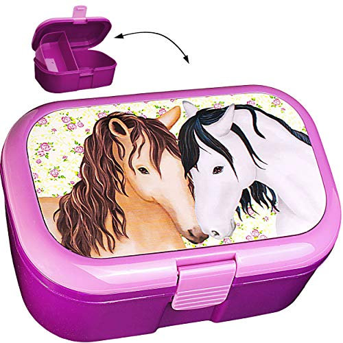 alles-meine.de GmbH Lunchbox/Brotdose - Pferde & Blumen - BPA frei - mit extra Einsatz/herausnehmbaren Fach - Brotbüchse Küche Essen - für Mädchen Pferd - Tiere Blüten Fr..