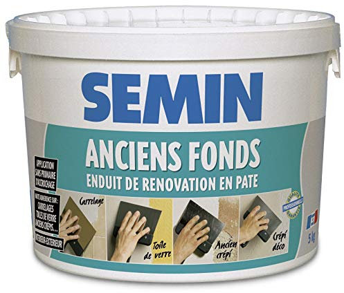 Semin Anciens Fonds, Enduit de Rénovation pour les Supports Irréguliers Spécial Toile de Verre, Carrelage, Peinture, Intérieur/Extérieur, Seau de 5 kg