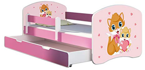 ACMA Kinderbett 80 x 160 cm mit Bettkasten, Matratze & Lattenrost – Jugendbett mit Rausfallschutz, personalisiertes Motiv 33 Miezekatzen - Rosa, Mädchenbett ab 3 Jahren, belastbar bis 120 kg
