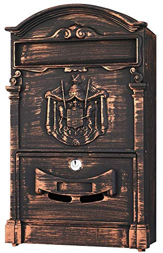 Bakaji Cassetta Postale da Parete in Alluminio Pressofuso Buca Lettere per Posta da Esterno con Chiave Design Vintage (Bronzo)
