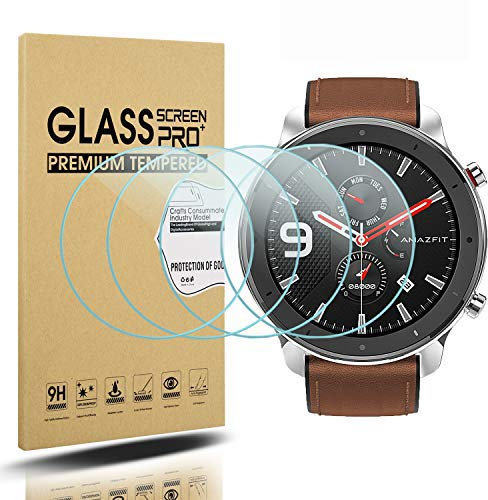 Diruite 4 Pièces Protection Film pour Amazfit GTR 47mm Verre Trempé Protection Écran (pas pour Amazfit GTR 2e),HD Sans Bulles Protecteur D'écran pour Amazfit GTR 47mm Smartwatch[Anti-rayures]
