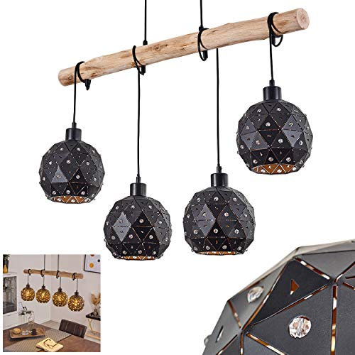 HOFSTEIN Pendelleuchte Sunasau, Pendellampe aus Metall in schwarz und Holz, 4-flammige Vintage Deckenleuchte mit Glitzereffekt, 4 x E27, Leuchtenköpfe sind individuell einstellbar