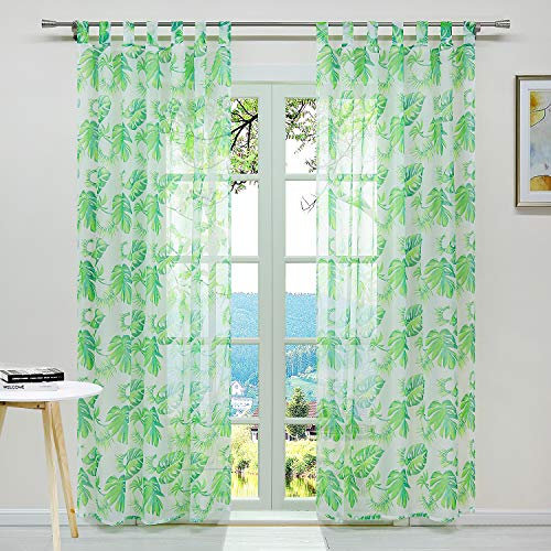 ESLIR Gardinen mit Schlaufen Vorhänge Gardinenschals Transparent Schlaufenschal Pflanzen Muster Voile Grün BxH 140x225cm 1 Stück