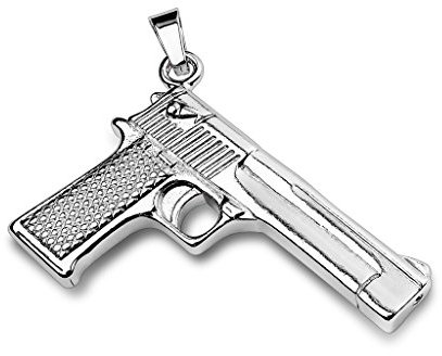 Paula & Fritz® Herren Ketten-Anhänger Pistole 316L Chirurgenstahl Silber 57 x 37-mm Halsketten-Anhänger Pendant Damen-kettenanhänger Männer Hand-Waffe