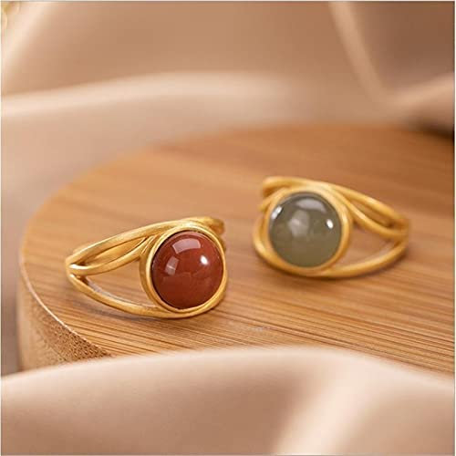 YZDKJ S925 Sterling Silber Natürlicher südlicher rotem Achat Ring für Frauen Hetian Grey Jade Open vergoldet Mode Jade Gold Ring (Rot, Metal Color : Red)
